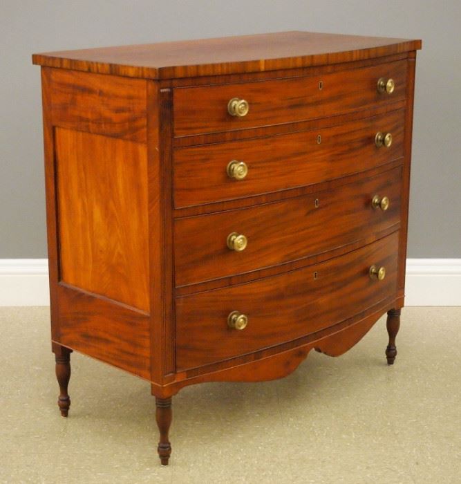 American Sheraton mahogany bowfront chest of drawers, early 19th century.
