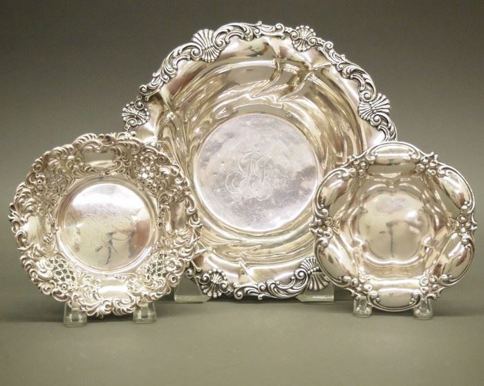 American sterling silver bowls by Gorham, Roger Williams, and J. F. Fradley, early 20th century.