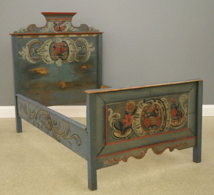German polychrome painted pine bed, 18th century.