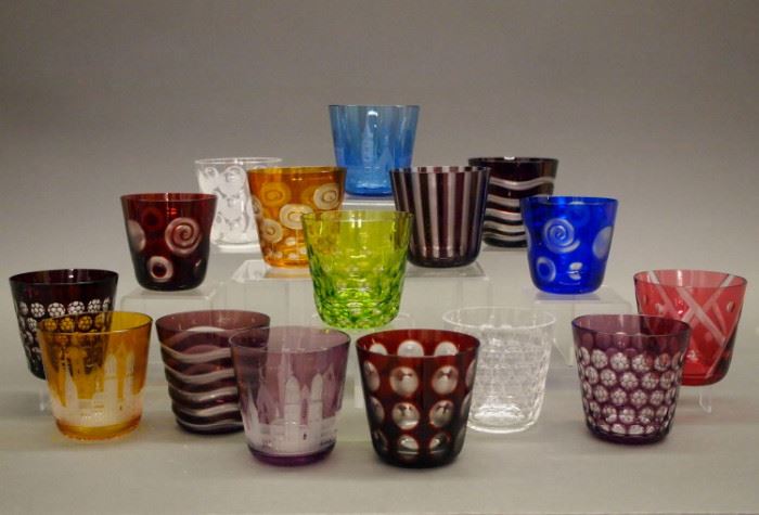 European overlay glass Old Fashioned tumblers, mid 20th century.