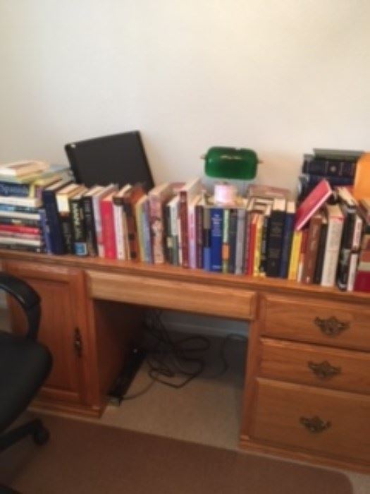 Oak desk, Banker's lamp and more books!