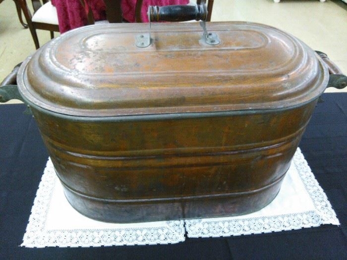Vintage Copper Boiler Tub with Wooden Handles and Original Lid