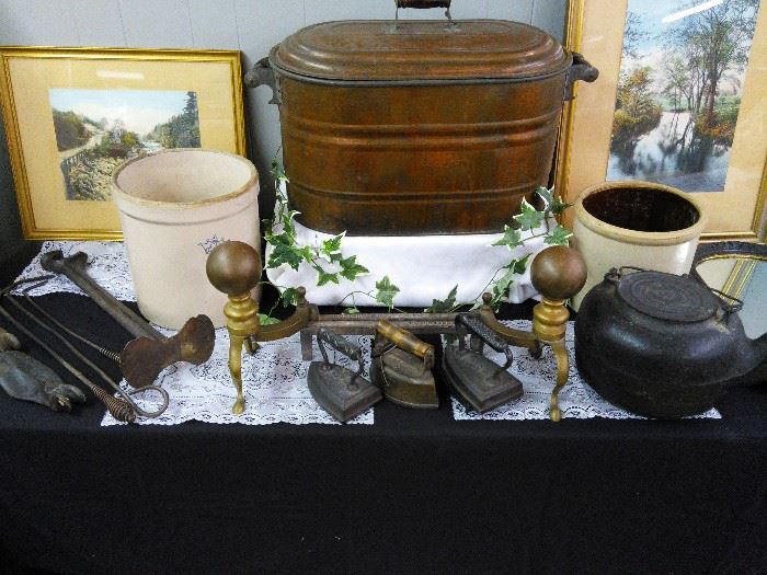 Vintage Copper Boiler Tub with Wooden Handles and Original Lid, Vintage Crocks, Flat Irons, Cast Iron Tea Kettle, Wallace Nuttings Prints, Pair Cast Iron Rostand Andirons, Primitive Hand Forged Hammered Cast Iron Fireplace Pokers, Antique Primitive Keystone Cast Iron Shoemaker Cobblers Stand with 3 Shoe Forms