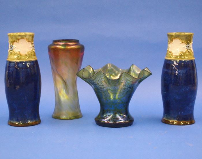 Pr. Doulton Vases, Loetz, Art glass