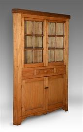19th Century Southern Tiger Maple corner cabinet with glazed doors to the upper section, a single inlaid drawer to the center and inset doors on the bottom cabinet, raised on ogee plinth with a valanced skirt, 78 1/2" H x 50" W.
Condition
good, replaced cornice
Starting Bid
$500.00
Buyer's Premium

    22%