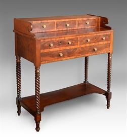 19th century Regency mahogany server in flame mahogany woods with banded inlays. The set-back cabinets contains three drawers with the lower section containing two tiers of drawers. The cabinets are raised on spiral carved legs with a lower shaped footrest. 41"H x 37"W x 20"D
Condition
very good; wear consistent with age and use, minor veneer damage.
Starting Bid
$400.00
Buyer's Premium

    22%