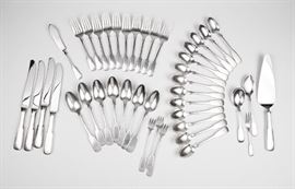 Set of 39 pieces of International sterling silver flatware. Consists of: 4 dinner knives and 1 cake knife (Stainless blades), 7 serving pieces, 10 salad forks, 7 tablespoons, 13 teaspoons. Total weight 1500 grams (without 4 knives or cake server).
Condition
Good, some use marks
Starting Bid
$400.00
Buyer's Premium

    22%