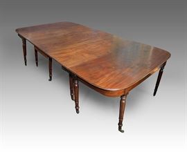 19th century Federal mahogany dining room table in three parts. The center has drop leaves each supported with two swing legs and two D-ends connected with metal brackets to secure pieces together.The table is raised on turned legs. Size: 30.25" Height, 113.75" Length (with leaves), 57.25" Width.
Condition
very good; some discoloration to the leaves from age
Starting Bid
$360.00

