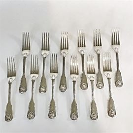Set of 12 very heavy, beautiful detail, London sterling silver forks, monogrammed, made by George William Adams for Chawner & Co., circa 1860's, size 8"Length. Weight: approximately 100 grams each or 1220 grams total.
Condition
Very Good
Starting Bid
$240.00