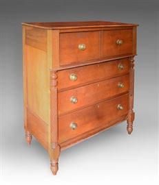 19th C. American cherry Empire chest of drawers with top drawer overhang over three full drawers raised on acorn-shaped feet, 49" H x 42" W x 21" D.
Condition
very good: wear consistent with age and use
Starting Bid
$200.00