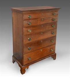 19th Century tall American chest of graduated drawers on ogee-shaped base with brass pulls, appears to be cherry woods, 52" H X 39" W X 19" D
Condition
Very good: wear commensurate with age and use. Some pulls loose and dented
Starting Bid
$150.00
Buyer's Premium

    22%
