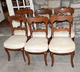 Set of six 19th Century Rococo Revival side chairs with rose carved back rails and padded seats raised on cabriole legs, 33" H x 14" W
Condition
good: wear to surface consistent with age and use
Starting Bid
$150.00
Buyer's Premium

    22%