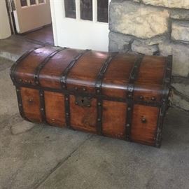 19th century sea chest with metal straps, 17"H x 30"L x 17"W
Condition
Good, one leather handle gone, cracks, separation to wood and metal strap pieces missing
Starting Bid
$20.00