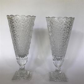 Pair Tall Vintage Cut Glass Vases