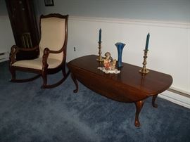 Kling cherry drop leaf coffee,  swan arm rocking chair, Baldwin candlesticks