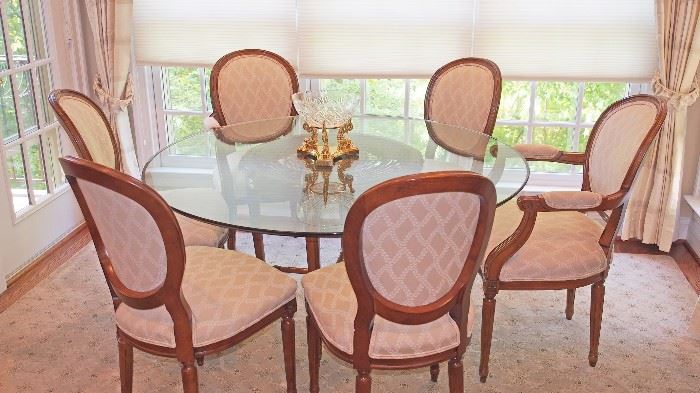 Price slashed on Century 6 Chair Dining Room Set -
$579 Glass table top 4.5 ft diameter
2 armchairs & 4 regular chairs
Excellent condition Fabric is Beige