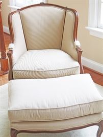 French occasional chair and matching ottoman
Beige fabric ( close-up shown) is more Beige than shown in  photo
Beautiful woodwork   $339