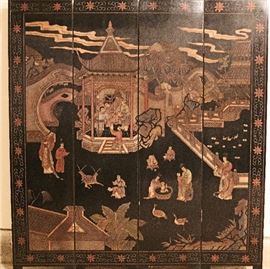 Beautiful Hand Carved Chinese Screen
Black Lacquer background paint
Hand carved Chinese figures in the wood, which are hand painted
4 Panels, 6 FT high X 5 Ft wide           $79
