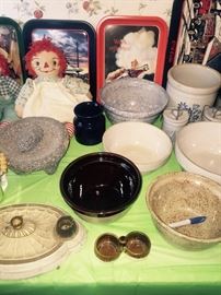 Old light fixture, stoneware, coke trays,