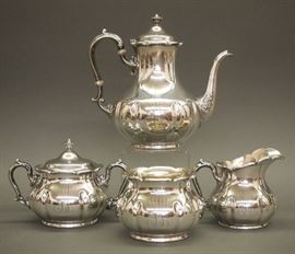 Gorham sterling silver tea set, circa 1902, four pieces.