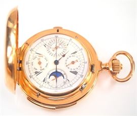 Massive 18k Swiss  pocket watch by Haas Neveux & Co.  Features a Minute Repeater with Chronograph, Perpetual Calendar, Day, Date and Moon phase