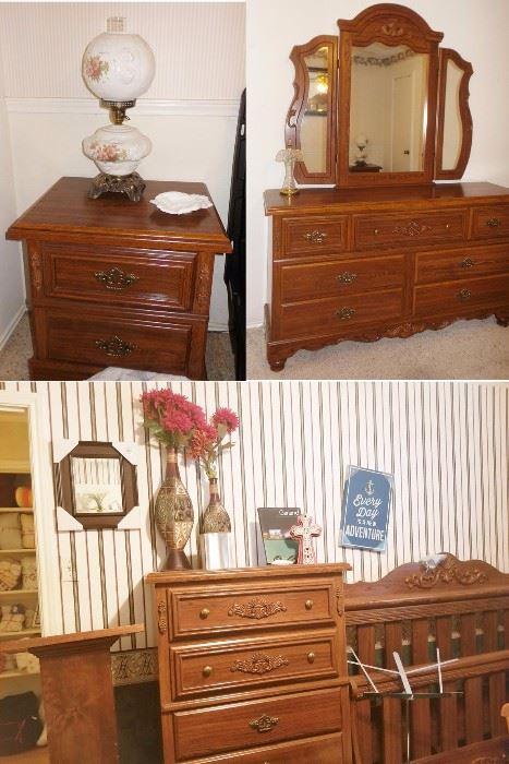 Reasonably priced bedroom furniture * dressers * chests * queen bed frame * night side table * solid oak pulpit  * antique globe lamp