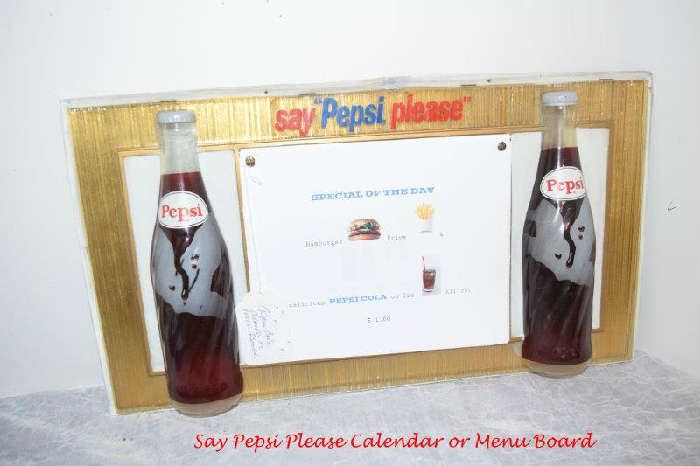 Pepsi Swirl Bottle Sign with Sign with Two Bottles Menu or Calendar