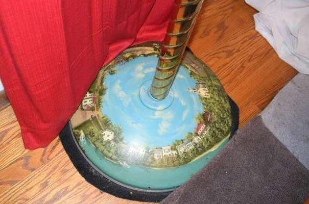 Beautifully Painted Lake, Boat, Carnival Scene Carousel Horse Stand or Sign Display Stand with Brass Pole