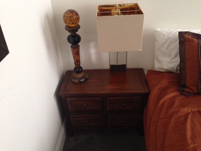 Bronze room bedside table, object and lamp (matched on other side of bed)