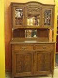 EARLY 1900'S - 2 PIECE BUFFET - BEVELED LEADED GLASS DOORS - BEVELED MIRROR - CARVED WOOD DESIGNS