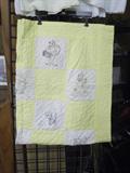VINTAGE CHILD'S QUILT - YELLOW WITH EMBROIDERED SQUARES OF BEARS, MONKEYS, ELEPHANTS, BUNNIES ECT