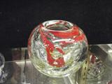 ART GLASS - CLEAR & RED SWIRL WITH VOTIVE CANDLE OPENING - SIGNED