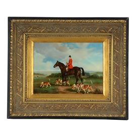 A. Kevin Original Equestrian Oil Painting on Panel: An original oil painting on panel by an artist named A. Kevin. The painting depicts an English huntsman on horseback traveling with a pack of small hunting dogs across a wide, flat patch of English countryside. The painting is completed with remarkable realism, and has a glossy surface coating that adds luster to the piece. The painting is signed in red to the lower right. It is presented in a wide wooden frame with cast foliate surface embellishments, black and gold tone finish, and a hanging wire.