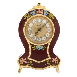 Vintage Miniature French Boudoir Wind-Up Clock: A vintage miniature French boudoir wind-up alarm clock. It is an 8 day clock and has an alarm. It has 7 jewel movement, marked “Made in France”, movement by Elgin. It is red with hand painted floral pattern in blue, pink, and green, and has gilding. The face is gold tone and has Roman numerals, with ornate handles.