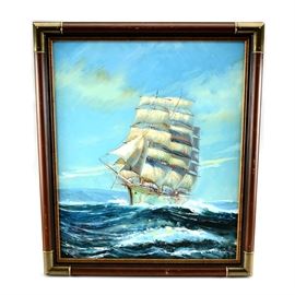 C. Harlot Original Nautical Oil Painting on Canvas: An original mid-20th century oil painting on canvas by an artist named C. Harlot. The painting depicts a tall three-masted schooner painted in loose strokes of paint, applied in flat, blended strokes to the upper half and in thick impasto across the water’s choppy surface. The painting is signed in red to the lower left. It is presented in a wooden frame with brass corner brackets, bronze tone inner finish, and a hanging wire.