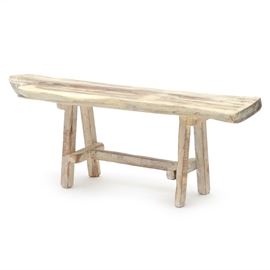 Melinda Esmond Hand-crafted Bench: An artisan signed and hand-crafted bench. Constructed from reclaimed barn wood that dates to the 19th century and walnut wood, the piece is signed by artist Melinda Esmond and dated to the underside. A sculptural piece, the bench has a smooth weathered patina, crafted with a substantial piece of walnut wood to top.