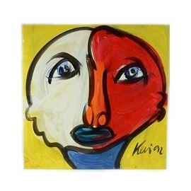 Peter Keil Original 1992 Expressionist Oil on Board "Boy from Atlanta": An original 1992 oil painting on masonite board by very well-listed and prolific contemporary German Expressionist, Peter Robert Keil (born 1942), titled Boy from Atlanta. The image depicts a flamboyantly colored portrait of an androgynous man with voluptuous blue lips, his clear blue eyes holding a distant gaze as a murky yellow void surrounds him, executed in Keil’s signature vibrant jewel-toned glazes and thick black outlines. The painting is signed and dated by the artist in paint to the lower right; title and signature are also marked to the verso.