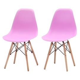 Pair of Lilac / Rose Molded Shell Chairs: A pair of molded shell, side chairs in a lilac/rose color, each on four splayed ash legs with a natural finish and black wire supports.