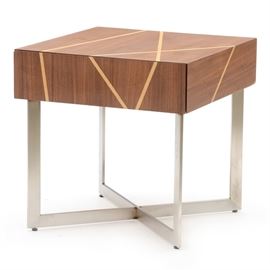 Bellini Shadow End Table: A Bellini “Shadow” walnut end table, having a boxed form with angular line inlays of a light wood. One end offers a “hidden” drawer, over a flat bar base with X-stretcher, in a brushed silver-tone finish.