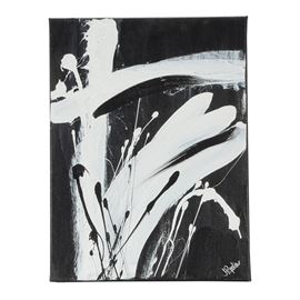 J. Popolin Original Abstract Acrylic on Canvas: An original abstract acrylic painting on canvas signed to the lower right by contemporary artist J. Popolin, circa 2010. The image depicts an energetic, non-objective composition of broad, white brushstrokes splattered with black paint on a black backdrop. This piece is not framed.