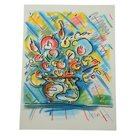 Peter Max Limited Edition Hand-Pulled Lithograph of Flowers: A signed limited edition hand-pulled lithograph on Somerset fine printmaking paper by well-listed and renowned German-American Pop artist Peter Max (born 1937). The print’s title is unknown. It depicts a stunniung floral bouquet housed in a rounded vase. Spraypaint-like splashes of color are scattered across the scene, and are accented with thick black linework. The print is signed in-plate to the lower right and is numbered 286/350 in pencil to the lower left. The print is presented without matting or framing, awaiting your choice of presentation. Max received his formal art education in the 1950s at the Art Students League of New York in Manhattan, where he studied under the tutelage of Frank J. Reilly. Max began his career in illustration and graphic arts by creating collage-based works using elements taken from antique photographs. His interest in astronomy led to his self-described “Cosmic ’60s” period, where his art bec