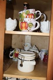 Fenton Hobnail Sugar and Milk Set, Heritage Mint Ltd. "Blackforest Fruits" Soup Mugs, White Kitchen Canister