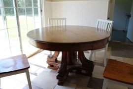 Kitchen / Dining Room Wood Table with Intricate Carved Fish for Legs and Four Chairs (includes two large leaves not shown)