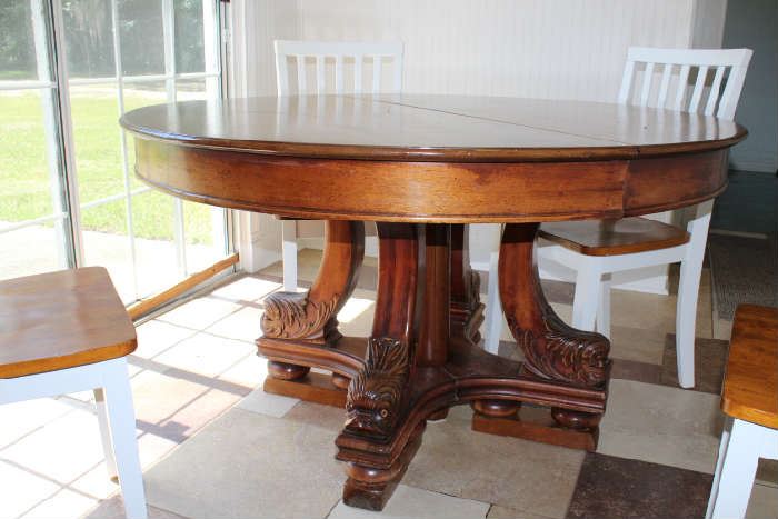 Kitchen / Dining Room Wood Table with Intricate Carved Fish for Legs and Four Chairs (includes two large leaves not shown)