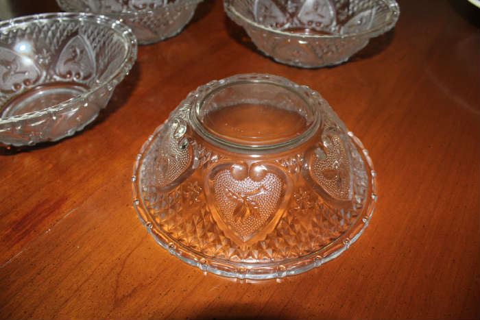 Hearts Flowers and Fleur de Lis Candy Bowl Clear Pressed Glass Footed Serving or Trinket Dish  
