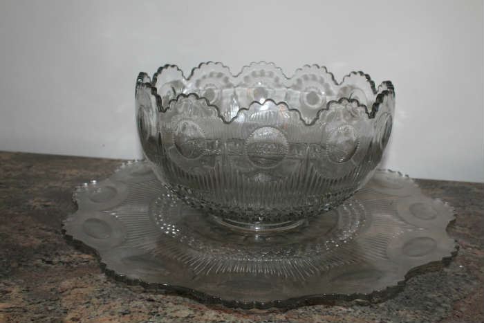 Antique Imperial Glass Punch Bowl with Massive Underplate and cups (cups not shown in picture, picture of cups to follow)
