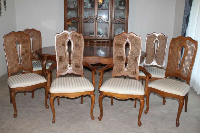 Dining Room Hutch with Table and Six Cane Back Chairs