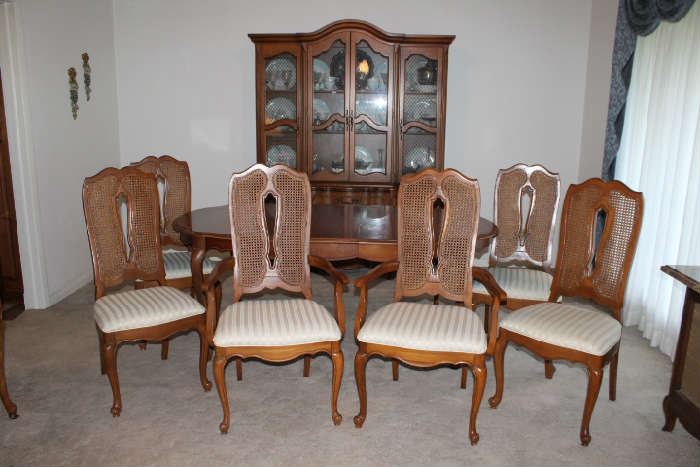 Dining Room Hutch with Table and Six Cane Back Chairs
