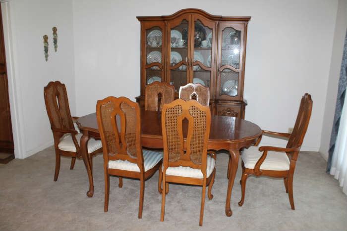 Dining Room Hutch with Table and Six Cane Back Chairs