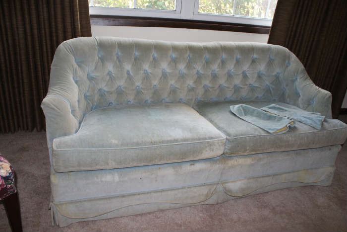 Vintage light blue mini sofa distinguished upholstery by Heritage 